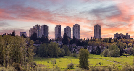 View of Residential Apartment Home Buildings in Metrotown. Green Trees in Deer Lake Park, Burnaby,...