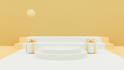 Minimal Abstract background, yellow color gift box clouds,mockup for podium,modern stage, display or showcase, 3d rendering.