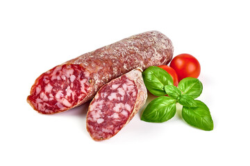 Italian salami with mold, isolated on white background.