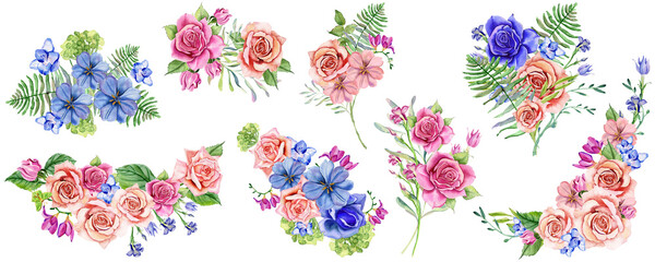 Set of watercolor bouquets. Blue and pink bouquet of flowers with delicate green fern leaves. Hydrangea, roses. Wedding watercolor garden. Spring flowers with greenery for printing, invitation
