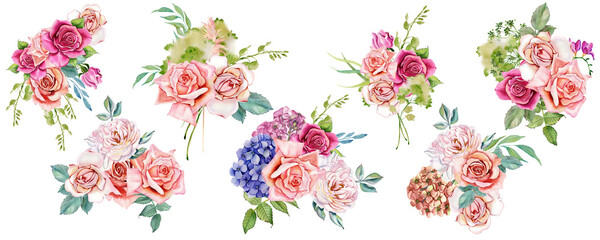 Fototapeta na wymiar Set of watercolor bouquets. Blue and pink bouquet of flowers with delicate green fern leaves. Hydrangea, roses. Wedding watercolor garden. Spring flowers with greenery for printing, invitation