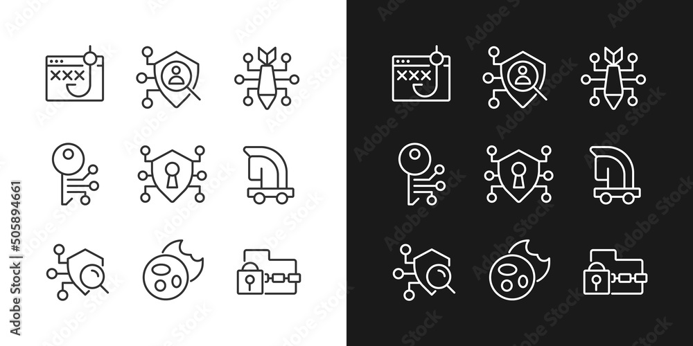 Poster malware and protection pixel perfect linear icons set for dark, light mode. phishing and cyber attac