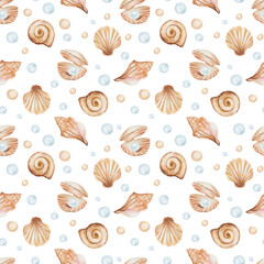 Watercolor seamless pattern from hand painted illustration of sea shell in brown beige color with blue jewelry pearl, bubbles. Ocean animal. Marine print on white background for summer fabric textile
