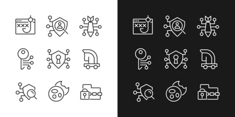 Malware and protection pixel perfect linear icons set for dark, light mode. Phishing and cyber attack. Access control. Thin line symbols for night, day theme. Isolated illustrations. Editable stroke
