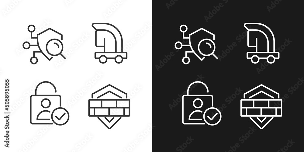 Poster online security measures pixel perfect linear icons set for dark, light mode. security scanning. tro