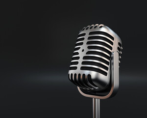 Retro microphone silver close-up on a black background, 3d render