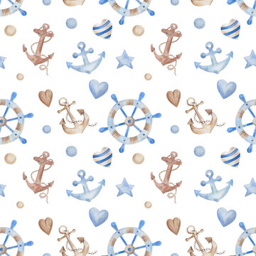 Watercolor seamless pattern from hand painted illustration of steering wheel, anchors with chain, ropes for ship, vessel, boat for sea and ocean, hearts. Summer marine print on white background