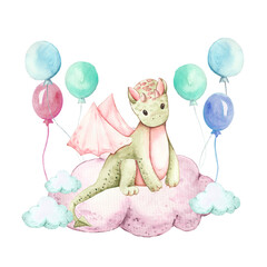 Dragon baby animals watercolor illustration. Dinosaurs for kids. Fairy dragons. Funny dragon, cute magic lizard with wings and baby. Flying dragon medieval reptile flies fantas
