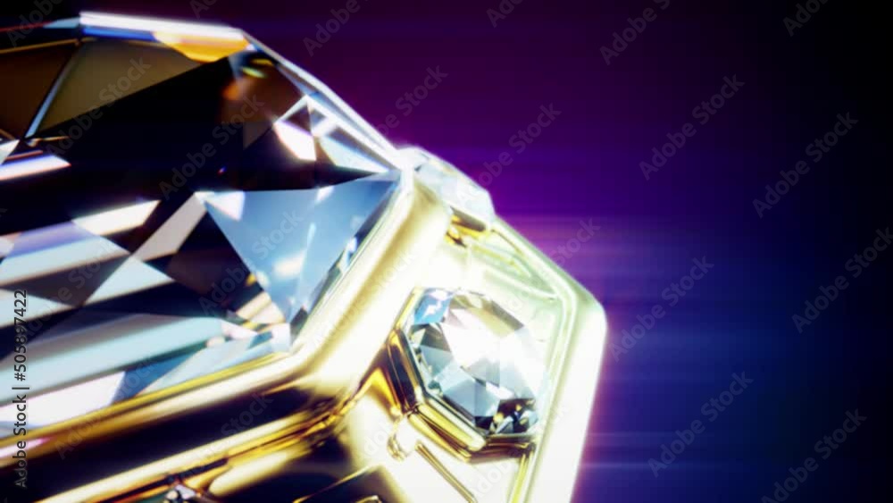 Poster shining diamond gemstone with gold setting rotate, fictive - loop video