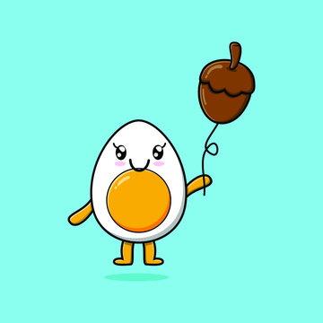 Cute cartoon boiled egg floating with acorn balloon cartoon vector illustration