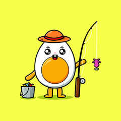 Cute cartoon boiled egg ready fishing wearing fishing equipment cartoon character in concept 3d cartoon style