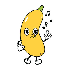 Cute funny yellow vegetable marrow walking singing character. Vector hand drawn traditional cartoon vintage, retro, kawaii character illustration. Isolated white background. Vegetable marrow walk sing