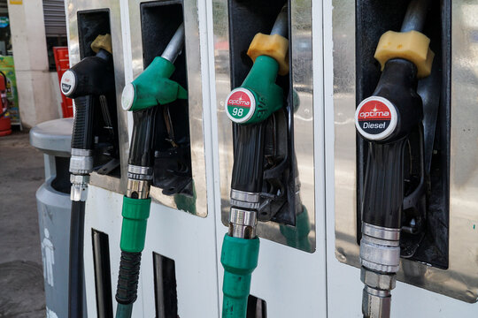 Refuel nozzles at a petrol or gas station in Spain.