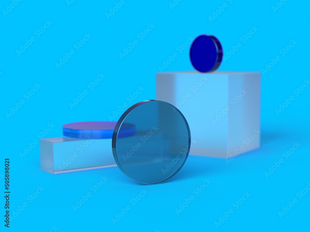 Poster 3d rendered illustration in blue colors. a minimal abstract scene with geometrical forms on blue bac