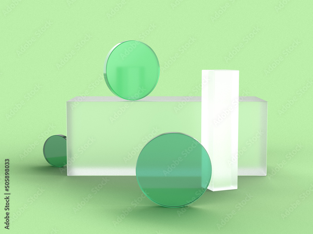 Poster 3d rendered illustration in green colors. a minimal abstract scene with geometrical forms on a green