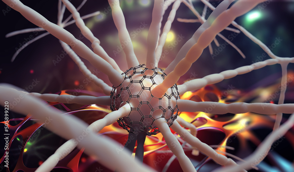 Poster Neural network and nanotechnology in medical research. 3D illustration of brain neurons modified by artificial intelligence