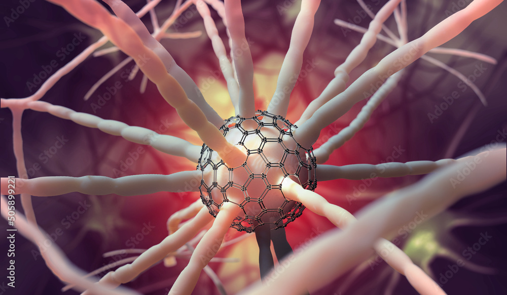 Poster Neural network and nanotechnology in medical research. 3D illustration of brain neurons modified by artificial intelligence