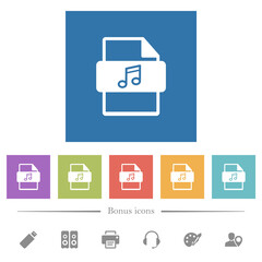 Music file type flat white icons in square backgrounds