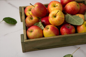 Fresh harvest of apples in a wooden box on light surface