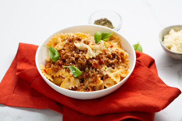Close up of bolognese sauce pasta in bowl italian food