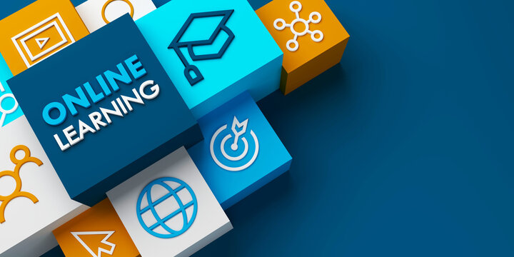 3D render of wide perspective view of ONLINE LEARNING concept on dark blue background