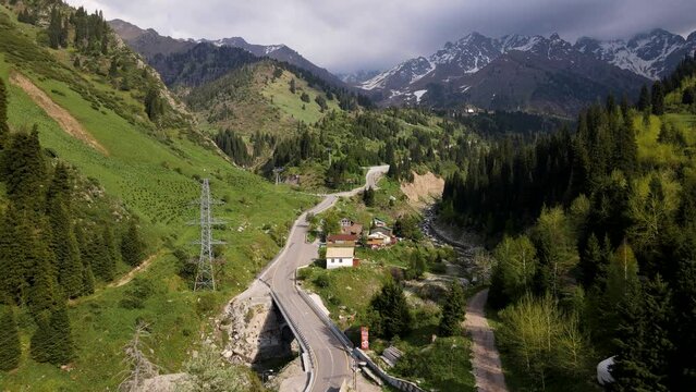 Aerial shot village in the mountain of Almaty