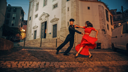 Beautiful Couple Dancing a Latin Dance on the Quiet Street of an Old Town in a City. Sensual Dance...