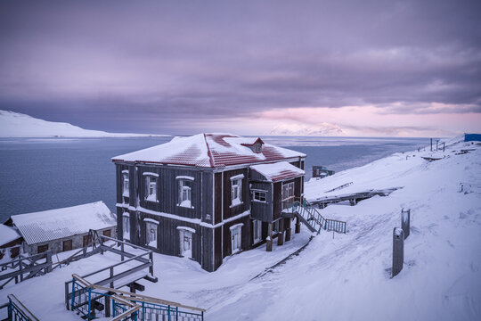 Barentsburg, Spitsbergen during winter time, Svalbard