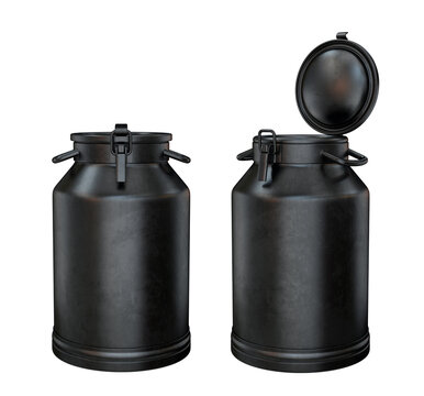Set of milk black cans open and closed on a white background, 3d render