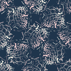 Grunge abstract painterly swirl vector seamless pattern background. Pink white swirling circles on navy blue backdrop. Irregular streaks craquelure texture design. Wide marl effect all over print