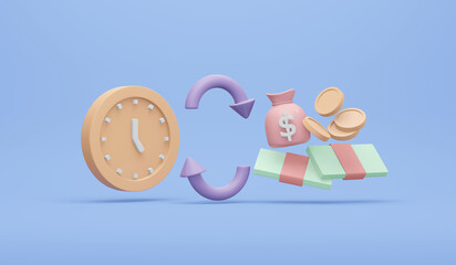 3D Rendering of transfer icon with money element and clock concept of financial transferring exchange on internet on background. 3D Render illustration cartoon style.