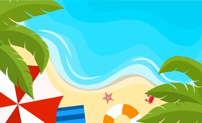 Summer background flat design with beach view. Summer vacation poster. Vector illustration of tropical beach with umbrella, swim ring, palm leaf, starfish, crab and sea