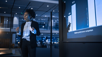 e-Business Technology Conference Presentation: Innovative Black Businesswoman Talks about Revolutionary High-Tech Product. Projector Screen Shows Graphs, Infographics, AI, Big Data, Machine Learning - obrazy, fototapety, plakaty