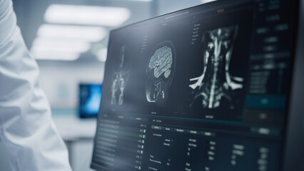 Medical Hospital: Neurologist and Neurosurgeon Talk, Use Computer, Analyse Patient MRI Scan,...