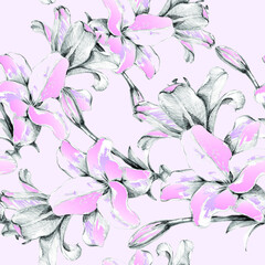 Seamless pattern with pink flowers lily.