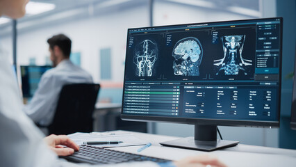 Medical Hospital Research Lab: Caucasian Female Neurosurgeon Using Computer with Brain Scan MRI...