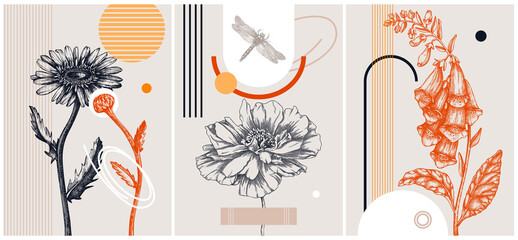 Trendy collage style summer flowers card designs. Abstract and minimalist illustrations with floral sketches. With geometric shapes and botanical elements for wall art, prints, decoration, invitations - obrazy, fototapety, plakaty