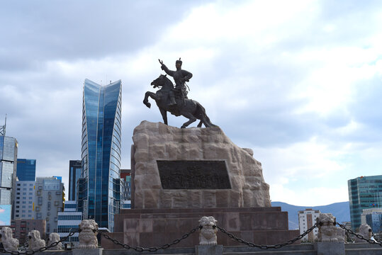 ULAANBAATAR, MONGOLIA - May 11, 2022: Statue of Damdin Sukhbaatar