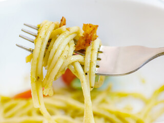 Spaghetti pasta on a fork