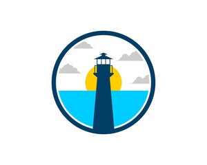 Circle shape with lighthouse and beach inside