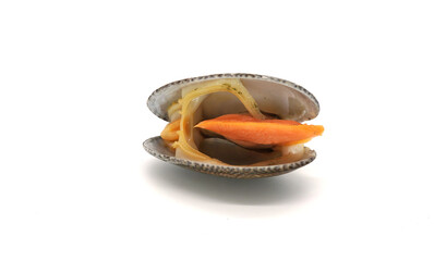 A striped clam, its shell opens its mouth to reveal its delicious orange inside, laid on a white...