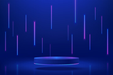Abstract realistic blue 3d cylinder pedestal podium. Sci-fi dark abstract room with vertical glowing neon lighting lines. Vector rendering mockup product display. Futuristic scene, Stage for showcase. - obrazy, fototapety, plakaty