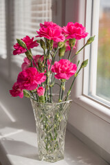 bunch of pink carnation flowers in vase on windowsill