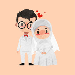 cute cartoon muslim couple wedding watercolor