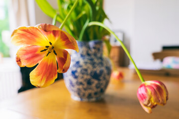 Niebieski wazon z tulipanami stoi na stole. - obrazy, fototapety, plakaty