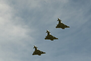 Typhoon Jets flying low in formation, UK air defence 
