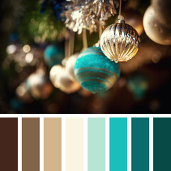 Christmas baubles in a colour palette with complimentary colour swatches