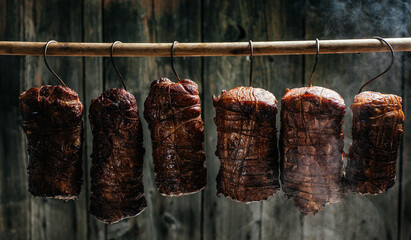 Composition of meats. Traditionally smoked ham. Hanging ham in the smokehouse smoked bacon for...