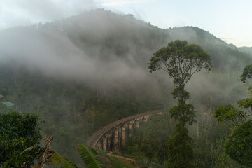 Train Bridge with fog in Ella Sri Lanka, tourist attraction