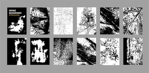 Abstract hand drawn backgrounds. Grunge textures collection. Sketch monochrome vector set. Graphic elements: cracks, spray effects, spots, scratches. 